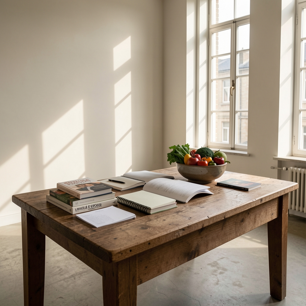 Wide editorial studio interior with a large wooden desk covered in notebooks, whole food reference books and a ceramic bowl of seasonal produce, tall windows with soft natural light casting long shadows across pale walls