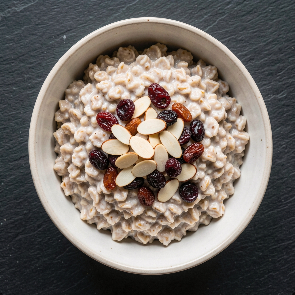 Overhead editorial photograph of a bowl of steel-cut oats topped with sliced almonds and dried berries on a dark slate surface, natural morning light from above