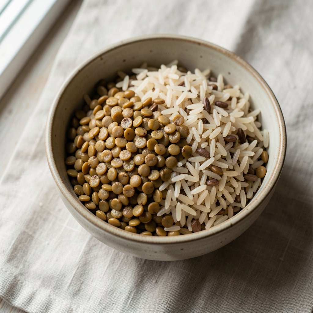 Close-up of cooked lentils and brown rice in a ceramic bowl, natural window light from the left, editorial overhead food photography on a pale linen surface
