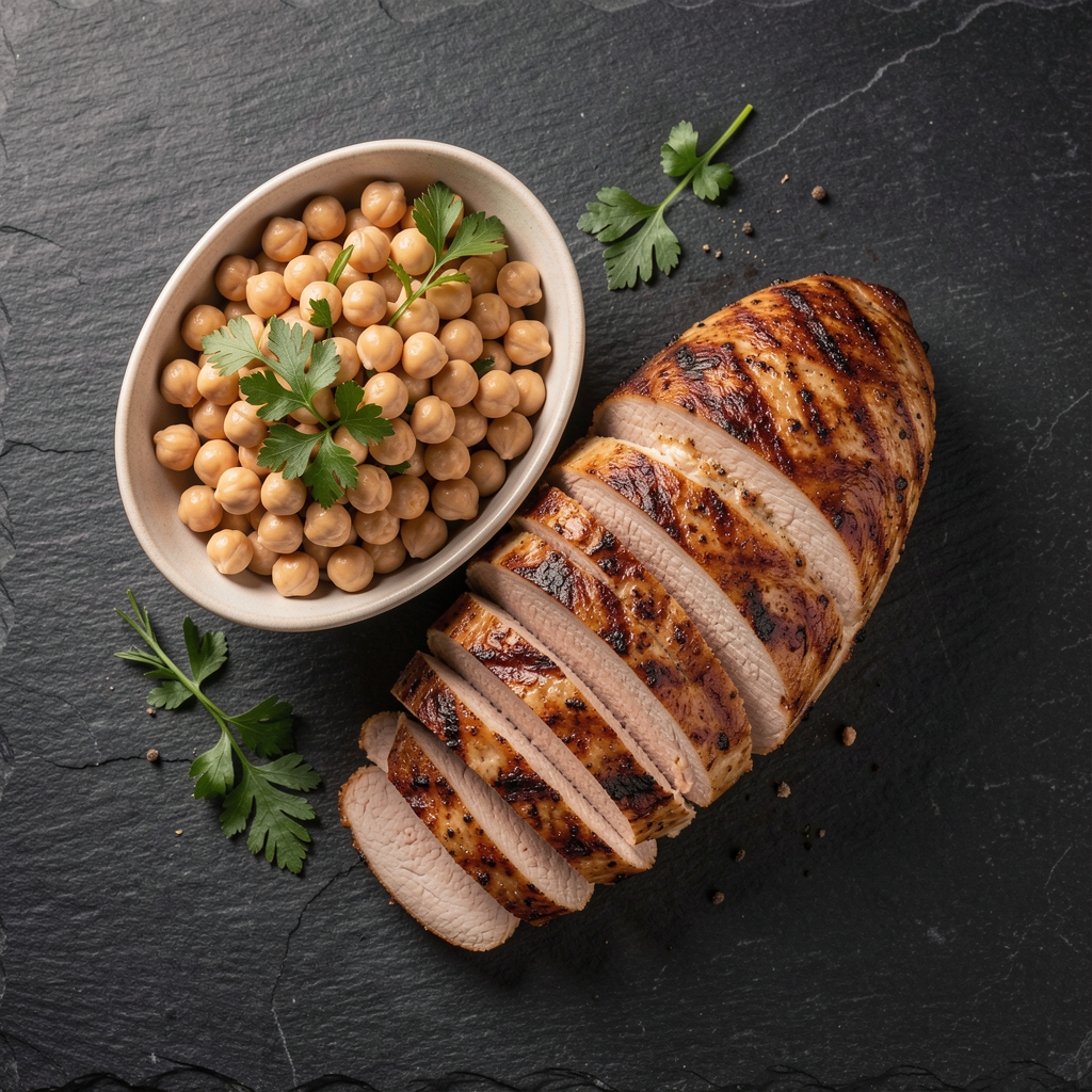 Sliced grilled chicken breast alongside a bowl of chickpeas and fresh herbs, overhead editorial composition on a dark stone surface with soft directional lighting