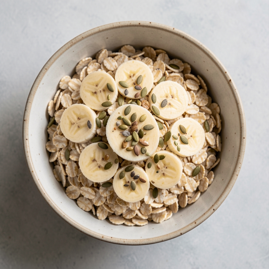 A ceramic bowl filled with cooked rolled oats topped with sliced banana and a scattering of mixed seeds, photographed from directly above on a pale grey surface in diffused natural morning light