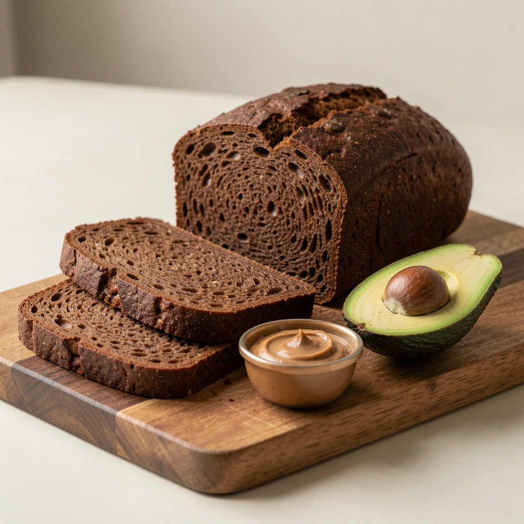 Thick slices of dense dark rye bread on a wooden board beside a small dish of nut butter and a halved avocado, photographed at a slight angle on a pale surface in soft side-lighting