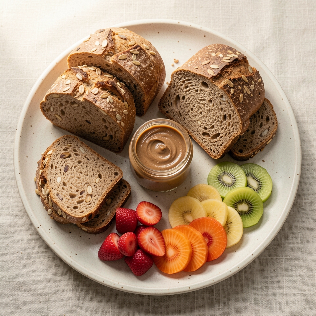Assorted whole grain breads, a small jar of nut butter and sliced seasonal fruit arranged on a pale ceramic board, editorial top-down food photography in soft morning light